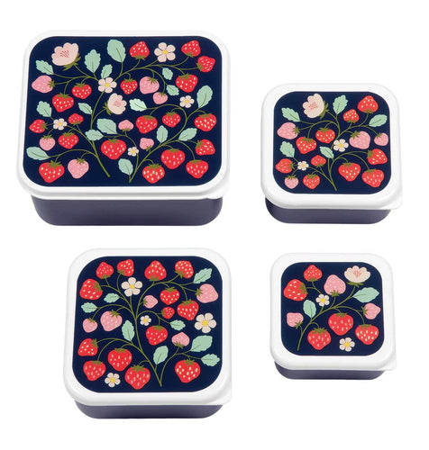 Set of 4 lunch boxes in navy blue with strawberries in pink abd red on lid