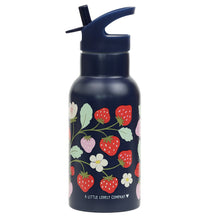Load image into Gallery viewer, Navy blue water bottle with strawberries in pink and red printed all the way round 

