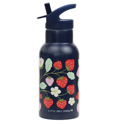 Navy blue water bottle with strawberries in pink and red printed all the way round 
