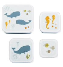 Load image into Gallery viewer, Set of 4 snack boxes with sea creatures on the lid. Whales, seahorses 
