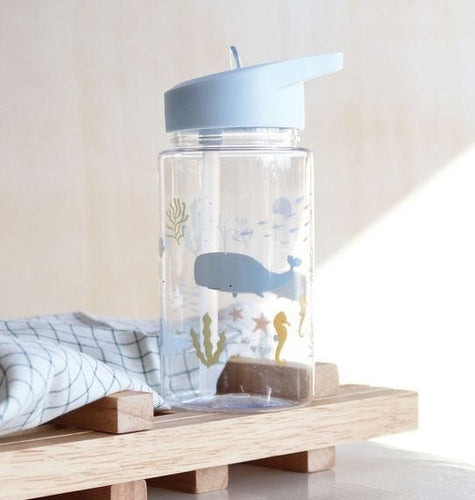 Clear water bottle with fish and whales swimming around the bottle. 