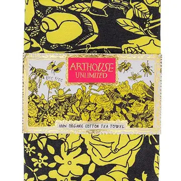 Organic cotton tea towel. Decorated with a bee design in yellow and black.