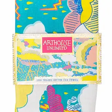 Tea Towel print with bright colours illustrating the sky with lighting strike. Folded with paper wrap around item. 