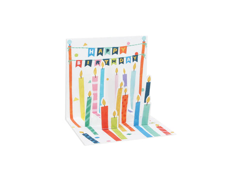 Pop up card featuring lots of colourful birthday cake candles with ahappy birthday banner behind.