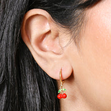 Load image into Gallery viewer, Red Enamel Cherry Huggie Hoop Gold Earrings by Lisa Angel
