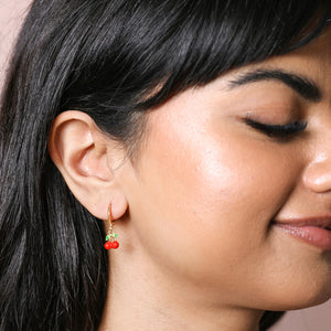 Red Enamel Cherry Huggie Hoop Gold Earrings by Lisa Angel