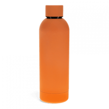 Load image into Gallery viewer, Plain orange rubber coated water bottle with flat top screw lid
