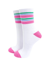 Load image into Gallery viewer, Woman’s Spots Socks - Striped Green/Pink
