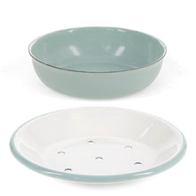Load image into Gallery viewer, The soap dish can be seen with the white drainer top part with a light sage  trim  and  the bowl laid side by side .
