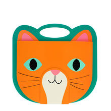 Load image into Gallery viewer, A colorful children's sketchbook, shaped like a cat face, featuring an orange body, teal border, cream muzzle, pink inner ears, and turquoise eyes.
