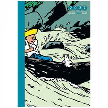 Load image into Gallery viewer, A 2027 Tintin Diary agenda featuring a classic comic illustration of Tintin and Snowy in a log canoe in turbulent water, with a teal spine band and '2027 AGENDA TINTIN DIARY' text at the top right.
