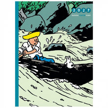 Load image into Gallery viewer, A 2027 agenda for 'Tintin' featuring a classic comic illustration of the character Tintin in a log canoe with his dog snowy, in a fast flowing, rocky river.  The diary has teal blue spine.
