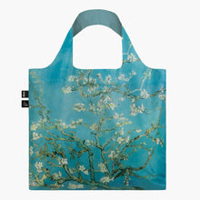 Load image into Gallery viewer, A square shopping bag with a design by Vincent Van Gogh on it. the design is a blue background with branches of almond blossom.
