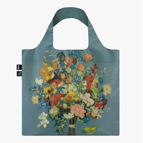 Blue square shooping bag with Vincent Van Gogh's painiting of a bunch of flowers on it. 