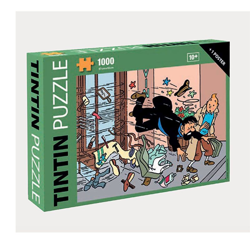 1000 piece Tintin puzzle in a green box with a picture displaying the image of the jigsaw. The image shows captain Haddock falling out of a revolving door, with many o ox ject flying about. Tintin is stood observing the chaos.