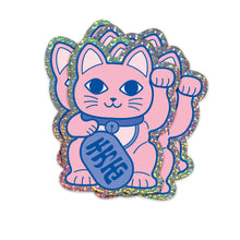 Load image into Gallery viewer, lucky cat shaped sticker in pink and blue with holographic glitter outline
