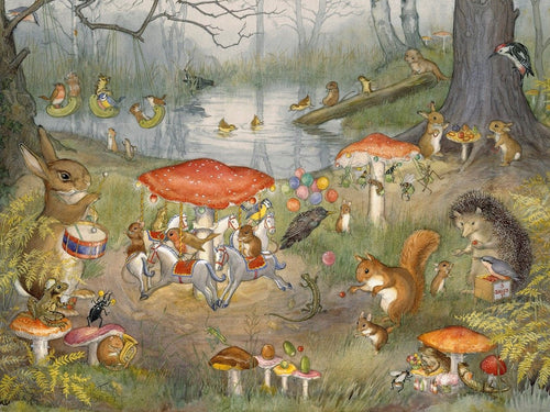 beautiful illustration by Molly Brett where many woodland creatures can be seen enjoying fairground rides on toadstools within a woodland with a riverside in the background.  Animals featured include rabbits, squirrels, hedgehogs, newts, otters, woodpecker, mice, frog, robin and others