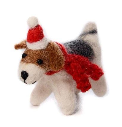 Amica Felt Christmas Decoration - Mini Fox Terrier with Hat and Scarf