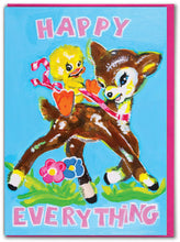 Load image into Gallery viewer, Kitsch cartoon smiling deer with a happy little duck riding on its back with a bright blue background, with 'Happy Everything' text
