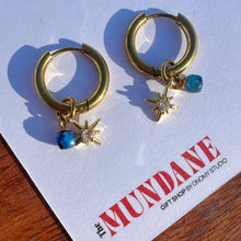Load image into Gallery viewer, Aquamarine Midnight Blue “Night Court 18k gold Stars” Detachable Charm Hoop Earrings
