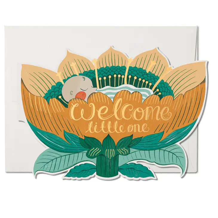 New baby die cutcard featuring a sleeping, rosy cheeked, baby nestled in a flower with gold lettering 