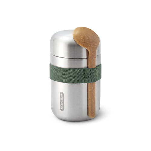 stainless steel food flask with olive coloured web strap around the body which holds the wood fibre spoon.  Black and Blum logo can be seen printed at the bottom of the flask