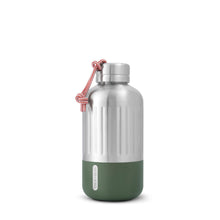 Load image into Gallery viewer, Stainless steel water bottle with striped cord loop on lid.  The base of the bottle is olive colour with the rest being slightly ridged stainless steel.
