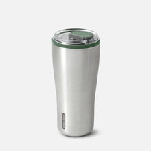 Load image into Gallery viewer, Stainless Steel travel tumbler with clear plastic lid and olive colour trim around the rim and on the opening/locking button on the lid.  The logo of Black and Blum is printed discretly on the side at the bottom.
