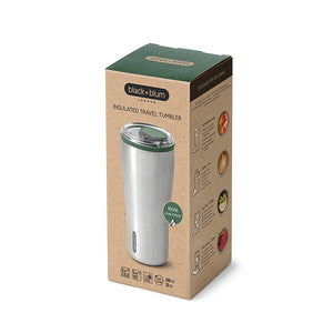 the travel tumbler is within its's nicely printed and designed cardbord packagoing