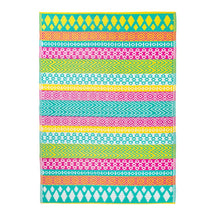 Load image into Gallery viewer, bright plasti rug in a scandi like geometric pattern turquoise, fuschia pink, bright green and yellow.
