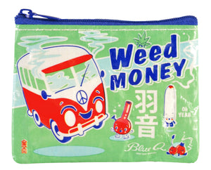 Light green prse with blue zip. Illustrated with a VW camper and a peace sign. Reads the words 'weed money' in blue font.