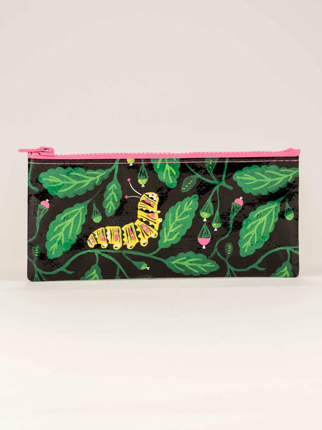 black background with a design of green leaves and brightly coloured pink and yellow caterpillar crawling amongst them