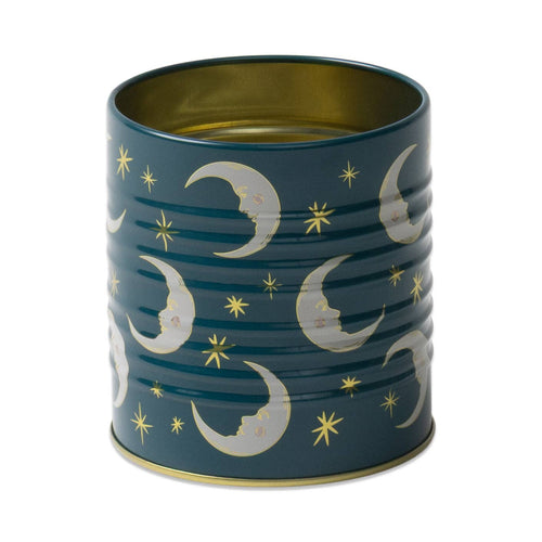 storage tin, without a lid, with moon and stars design on a dark blue background.