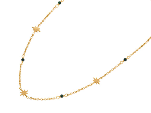 delicate gold stainless steel chain necklace with small blue lapis stones and gold stars dotted along it's length, roughly an inch apart
