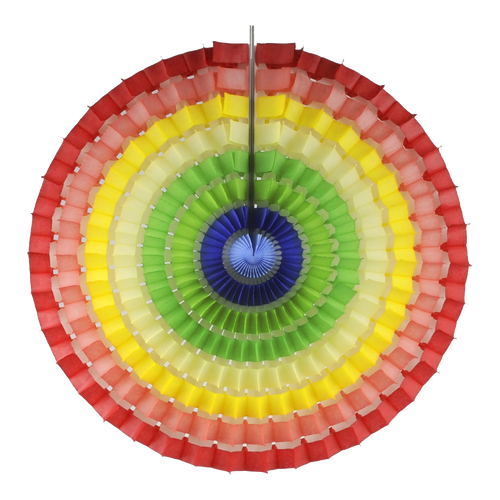 honeycomb striped circular decoration.  the centre is dark blue, then light blue, to green, then cream, yello, pink to an outer edge of red.