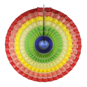 honeycomb striped circular decoration.  the centre is dark blue, then light blue, to green, then cream, yello, pink to an outer edge of red.