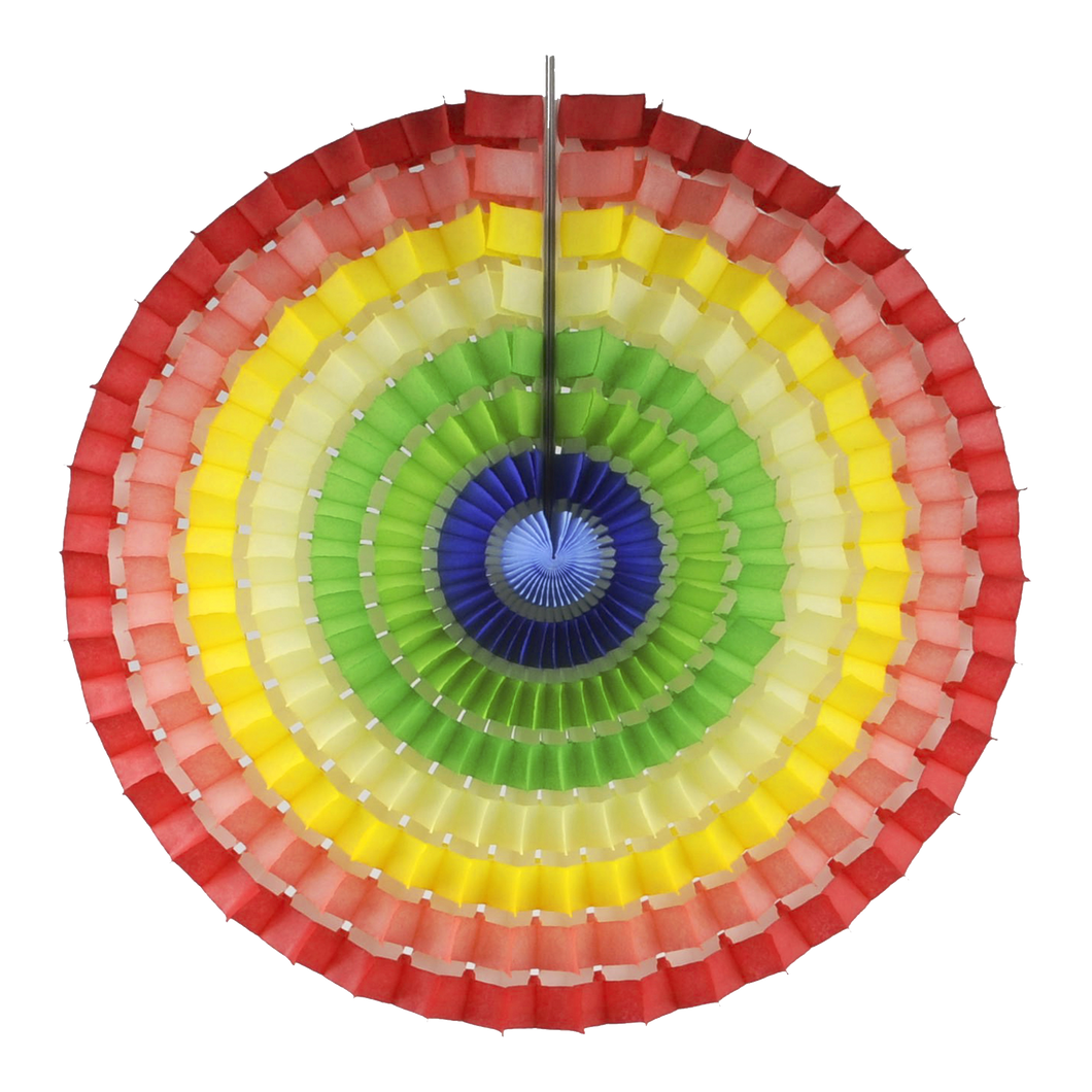 honeycomb striped circular decoration.  the centre is dark blue, then light blue, to green, then cream, yello, pink to an outer edge of red.