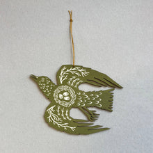 Load image into Gallery viewer, Folded Forest Screenprinted Wooden Decoration - Woodland Bird - Olive Green
