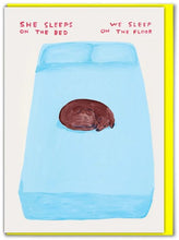 Load image into Gallery viewer, David Shrigley Greetings Card - Sleeps on the Bed
