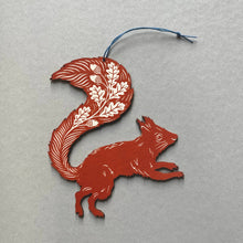 Load image into Gallery viewer, Folded Forest Screenprinted Wooden Decoration - Squirrel - Rusty Red
