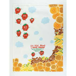 This tea towel with art work by hyesu lee, features funny little strawberries with smiley faces.  One strawberry is saying to another "Do you think I made enough? Maybe I should double it.  I should probably double it.  Down the side of the design piles of various food can be seen; corn on the cobs, chicken wings, pancakes and waffles