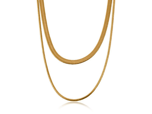 Gold  double chain necklace on a white background.  One chain is flat, while the other is slimmer and rounded.
