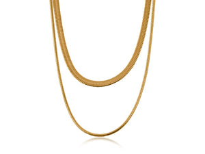 Gold  double chain necklace on a white background.  One chain is flat, while the other is slimmer and rounded.