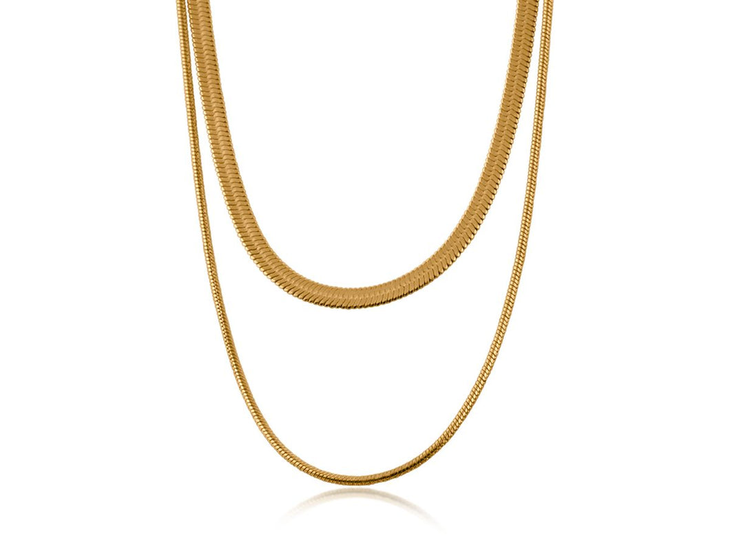 Gold  double chain necklace on a white background.  One chain is flat, while the other is slimmer and rounded.