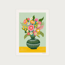Load image into Gallery viewer, atwork of a colourful floral arrangement in a green vase on a light green background.

