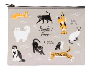 Grey zipper pouch with black zip, illustrated with lots of different breeds of cat - some playing and some sleeping. Reads 'People I love: 1. Cats'