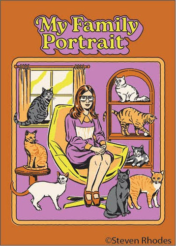 Book cover style picture of 'My Family Portrait' with a woman surrounded by catsall around her home.