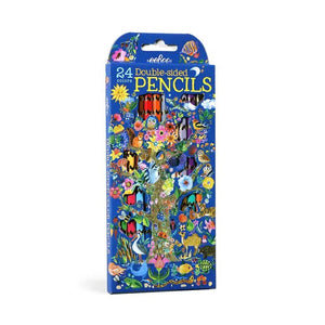 The front of the box of pencils features a gorgeous colourful tree with animals all over it with a window though the box so you can see the pencils