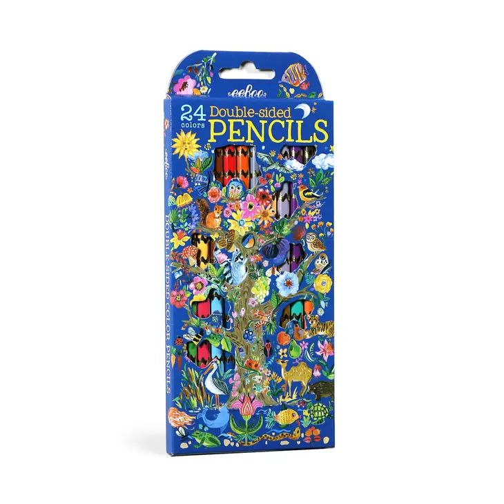 The front of the box of pencils features a gorgeous colourful tree with animals all over it with a window though the box so you can see the pencils