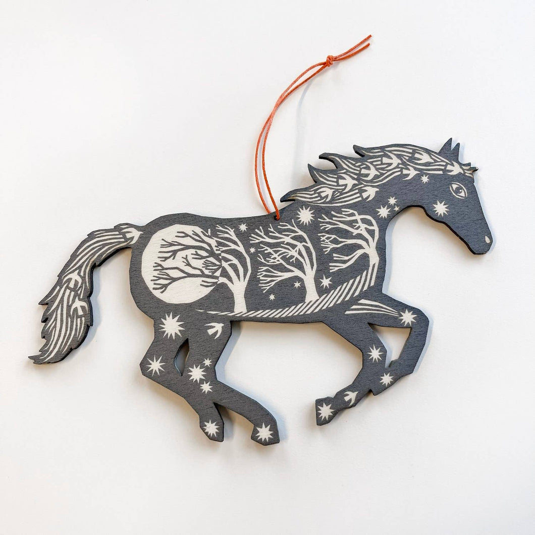 Folded Forest Screenprinted Wooden Decoration - Horse - Silver Grey